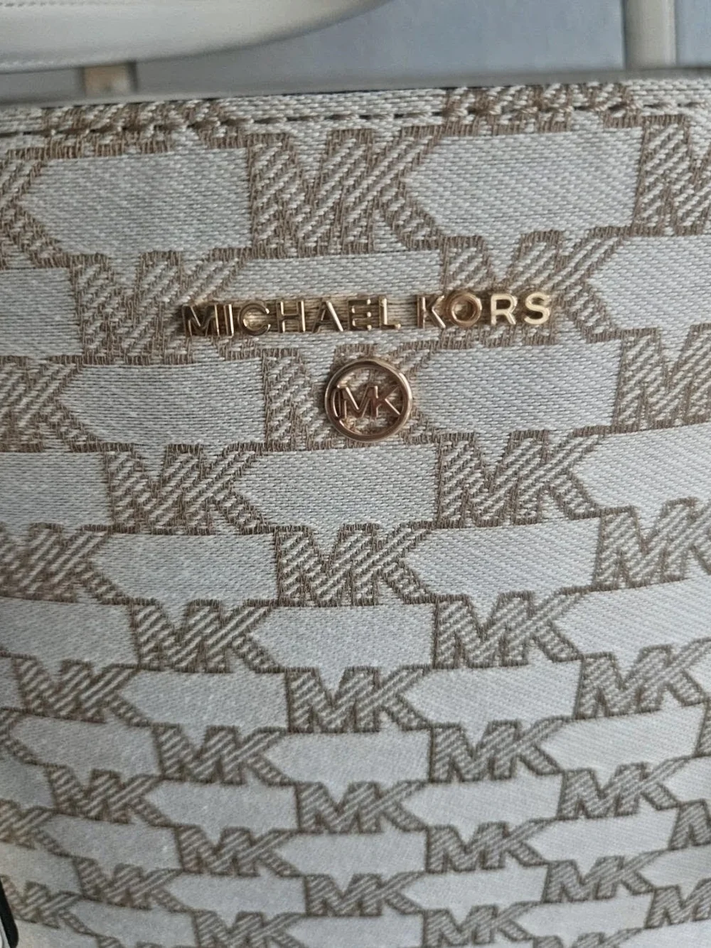 Michael Kors Aria Large Logo Jacquard Tote Bag Cream White Trim